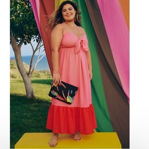 Tabitha Brown SIZE 3X Sleeveless Tie-Front Tiered Midi Dress Pink/Red Pockets